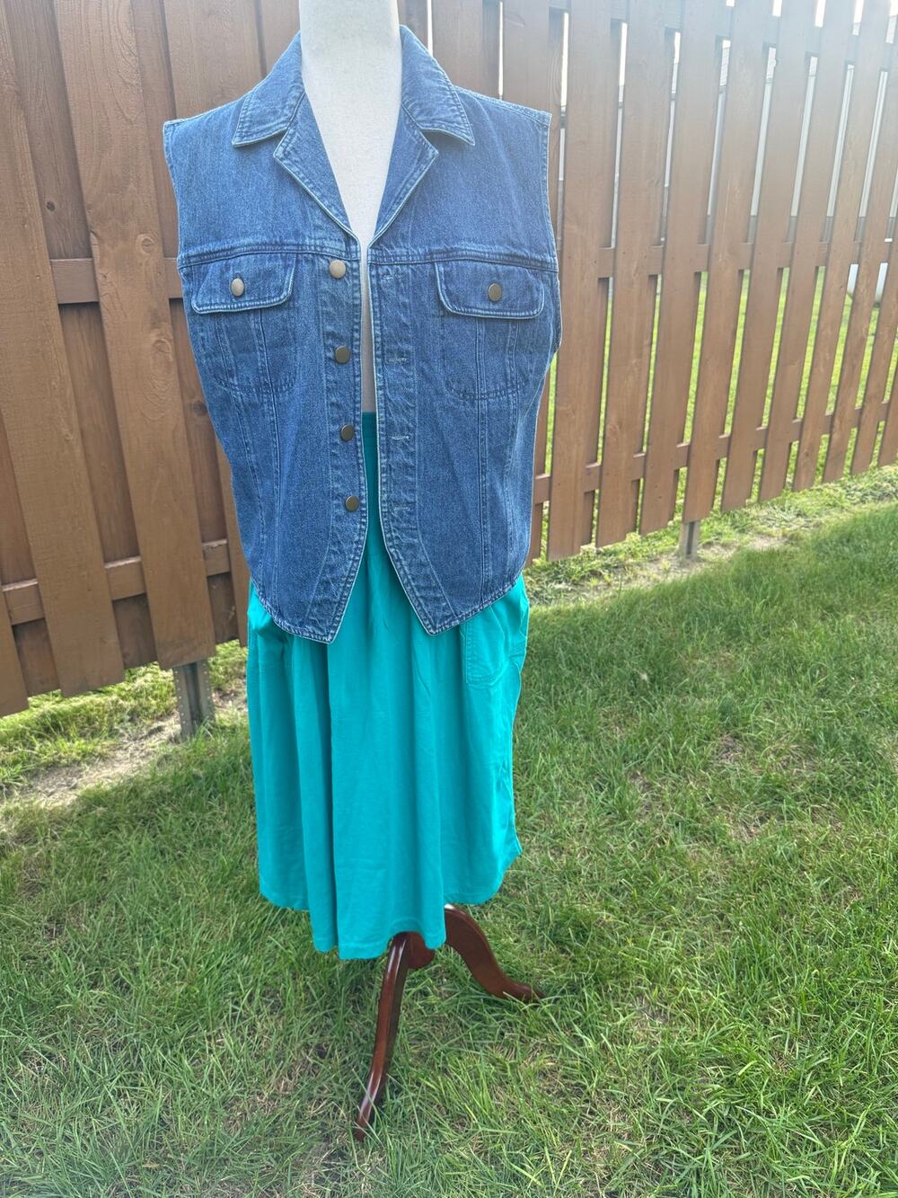 Timbuktu Denim Vest and Green Candor Midi Skirt